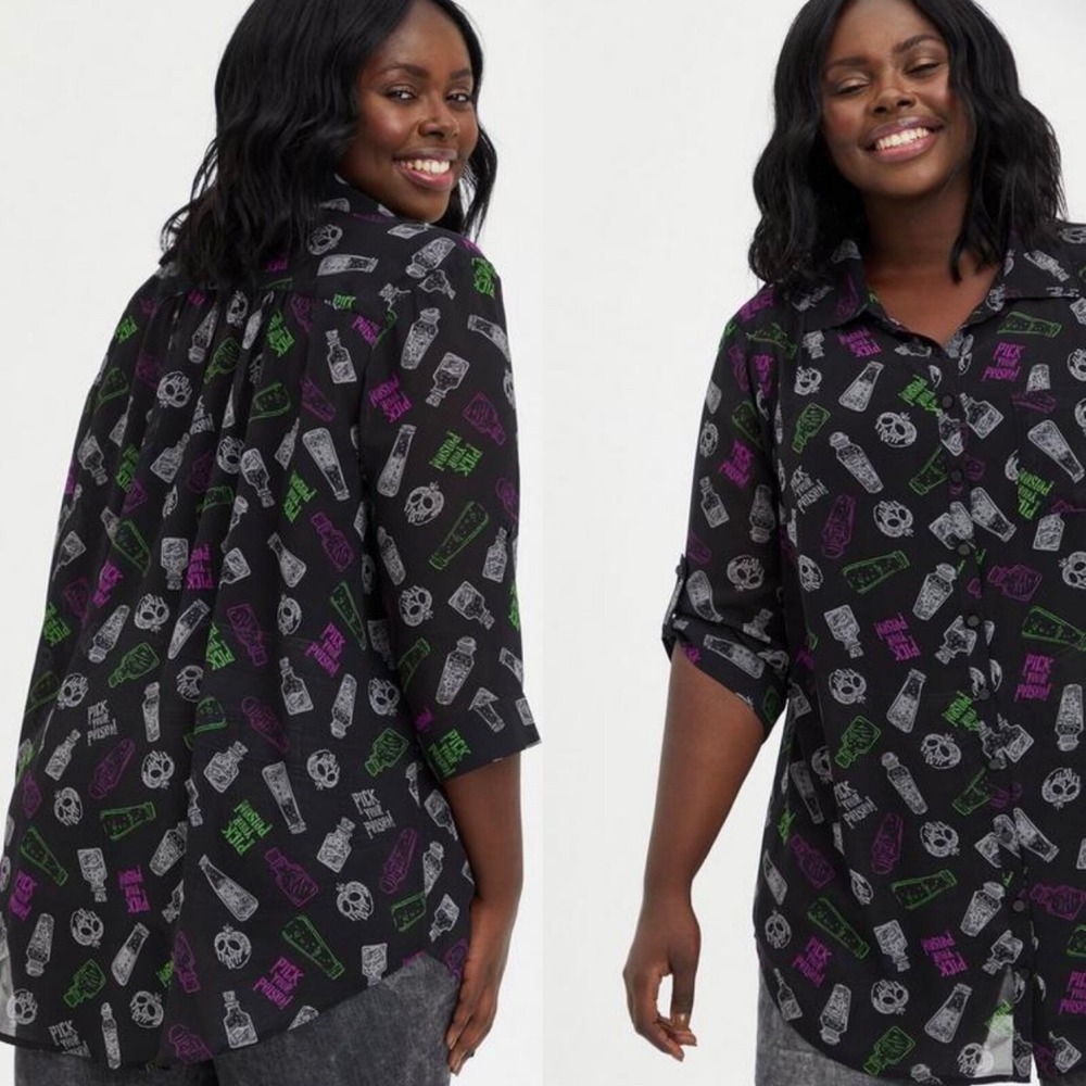 Disney Villans Black Button-Up Shirt with Green & Purple Iconic Print